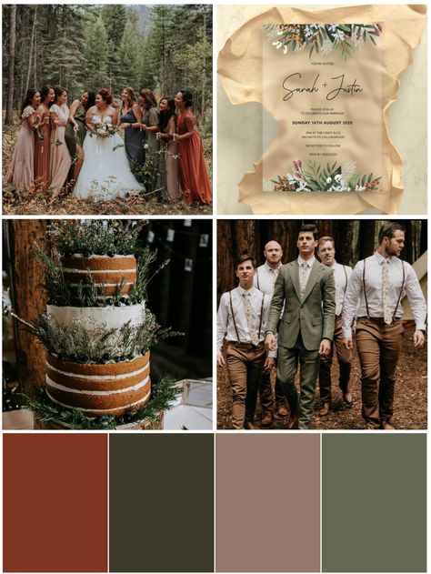 Maroon Tan Green Wedding, Rust And Deep Sage Wedding, Earthy Fall Wedding Colors, Rust Brown And Green Wedding, Emerald Green Woodsy Wedding, Rust Brown And Sage Green Wedding, Green Rust Wedding Theme, Sage Champagne Rust Wedding, Burnt Orange Green Brown Wedding