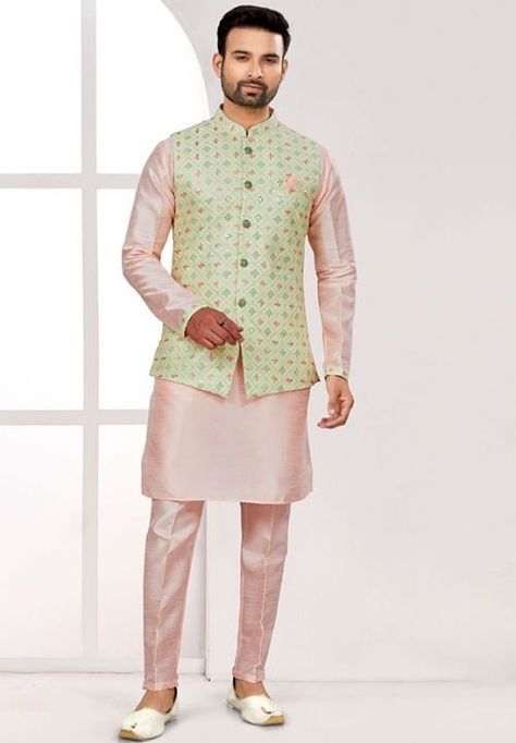 Peach Kurta Pyjama Set with Pista Green Jacket Salwar Kameez Mens, Men's Kurta Pajama, Peach Jacket, Mens Traditional Wear, Gents Kurta Design, Gents Kurta, Pista Green, Men's Kurta, Kurta Pyjama