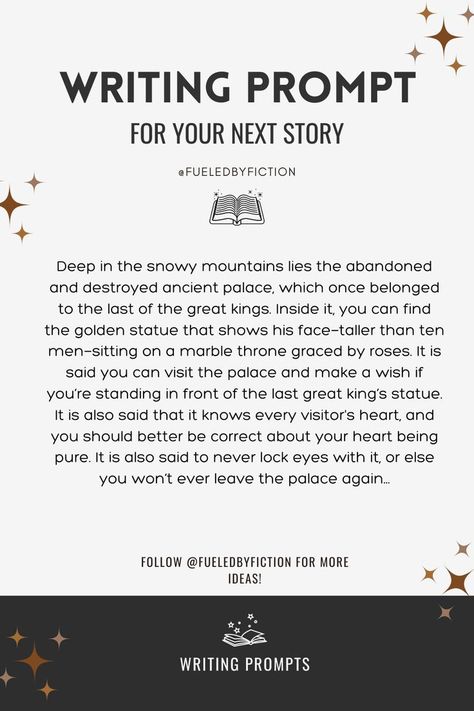 The pin shows a fantasy writing prompt written to inspire you for your next story. Check out this fantasy writing prompt to get some plot ideas for your next fantasy story! You can use this fantasy writing prompt as a story starter, or just to gain some writing ideas and fantasy writing inspiration. You can also browse through my other uploaded writing and dialogue prompts which I posted on my profile. Check out my blog for more writing advice and writing tips! Story Plot Ideas Inspiration, Story Endings Prompts, Princess Story Ideas, Fantasy Novel Plot Ideas, Fantasy Rp Plot Ideas, Fantasy Scenes Writing Prompts, Fantasy Promts, Steamy Writing Prompts, Writing Prompts Fantasy Royalty