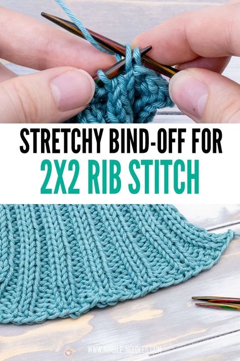 someone binding off and a swatch with a stretchy bind-off for a 2x2 rib stitch below. Stretchy Cast Off In Knitting, Cast Off Knitting How To, Stretchy Bind Off Knitting, Knitting Doodles, Nimble Needles, Knitting For Dummies, Advanced Knitting Techniques, Twisted Rib Stitch, Knitting Increase