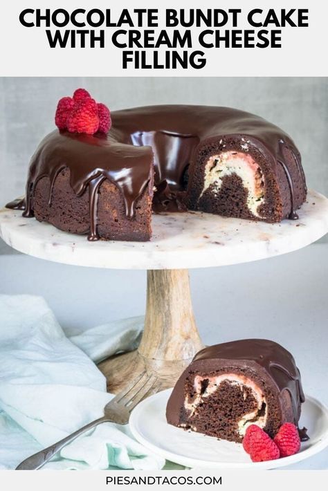 Chocolate Bundt Cake with Cream Cheese Filling #cheesecake #bundt #chocolate #raspberry #creamcheese #dessert #cake Raspberry Cake Pops, Pies And Tacos, Cake Raspberry, Homemade Strawberry Sauce, Baking Journal, Chocolate Bundt, Homemade Snickers, Chocolate Raspberry Cake, Chocolate Bundt Cake