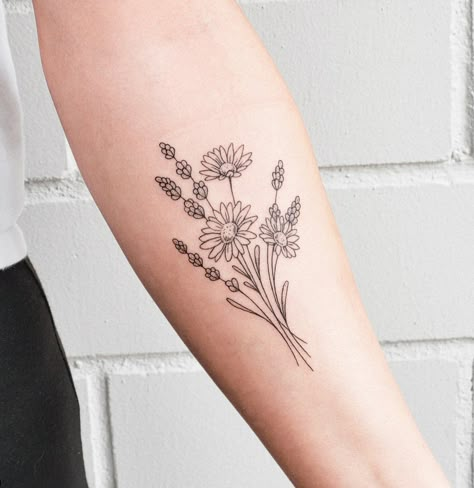 Daisy And Lilac Tattoo, Bundle Of Daisies Tattoo, Three Daisies Tattoo, Line Work Daisy Tattoo, Brooke Tattoo, Fine Line Daisy Tattoo, Gerber Daisy Tattoo, Gerbera Daisy Tattoo, One Day Tattoo