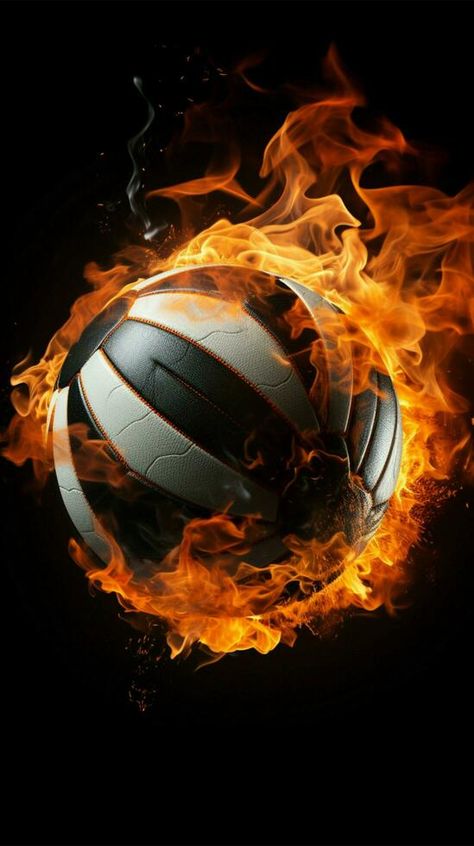 A volleyball engulfed in flames stands out against a black background Vertical Mobile Wallpaper AI Generated Volleyball Backgrounds, Volleyball Wallpaper, Volleyball Photos, Volleyball Pictures, In Flames, Tree Saw, Cityscape Photos, Logo Banners, Nature Backgrounds