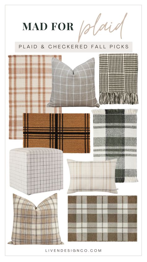 Plaid, checkered, windowpane decor for the home | Plaid prints for great this time of year. When incorporating some fall decor into the home, plaids can help bring out a classic, cabin-like feel to the home. I’m sharing some favorite ways to bring this classic look into the home. #home #decor #fall #plaid #throw #check #windowpane #pillow #livingroom #farmhouse #modern #traditional #neutral #rug Plaid Pillows Living Room, Plaid Area Rug Living Room, Plaid Rug Living Room, Windowpane Decor, European Chalet, Decorating With Plaid, Cottage Throw Pillows, Plaid Home Decor, Plaid Wall