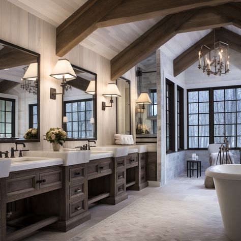 Modern barndominium design idea Modern Cabin Barndominium, Modern Mountain House Bathroom, Barndominium Interior Bathroom, Master Bath Barndominium, Barndominium Ideas Interiors Bathroom, Mountain Master Bath, Barndominium Master Bath, Elegant Barndominium, Modern Ranch House Interior