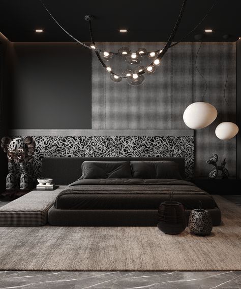 MASTER BEDROOM :: Behance Masculine Luxury Bedroom, Tv Partition Wall Interior Design, Dark Master Bedrooms Decor, Hotel Room Design Luxury, Luxurious Bedrooms Master Modern, Dark Bedroom Design, Luxurious Bedrooms Master, Lavish Bedroom, Boys Bedroom Modern