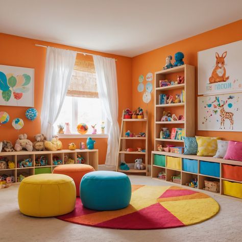 ⚠️LINK IN BIO⚠️ A vibrant children’s playroom filled with colorful decor, inventive storage options, and a playful theme to inspire creativity. #Playroom #Colorful #CreativeStorage #PlayfulTheme #Children Groovy Playroom, Orange Playroom, Red Playroom, Playroom Colorful, Fun Playroom Ideas, Bright Playroom, Indoor Playroom, Baby Playroom, House Updates