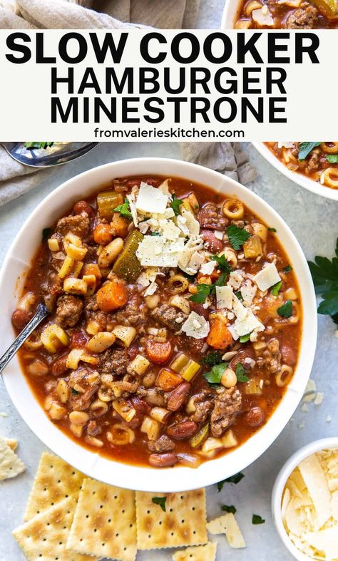 This Slow Cooker Hamburger Minestrone is loaded with fresh vegetables, ground beef, and pasta. This hearty, comforting soup is a meal in itself. Slice a loaf of crusty bread, pour a glass of wine, and dinner is served! Slow Cooker Soup With Ground Beef, Ground Beef Minestrone Soup, Soup Recipes With Ground Beef Slow Cooker, Slow Cooker Ground Beef Soup, Minestrone Soup With Ground Beef, Hamburger Minestrone Soup, Slovenian Desserts, Beef Soup Crockpot, Slow Cooker Ground Beef Recipes