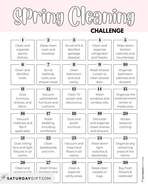 30-day spring cleaning challenge - free printable checklist pink | SaturdayGift Spring Cleaning Checklist Declutter, Clean Tv Screen, Deep Cleaning House Checklist, Spring Cleaning Checklist Printable, Miracle Cleaner, Home Maintenance Schedule, Room Cleaning Tips, Spring Cleaning Challenge, Peroxide Uses