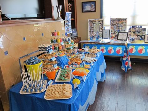 Beach Themed Graduation Party Ideas Beach Theme Graduation Party, Beach Theme Food, Graduation Menu, Themed Graduation Party, Beach Pail, Themed Party Ideas, Graduation Tables, Beach Party Decorations, Food Catering