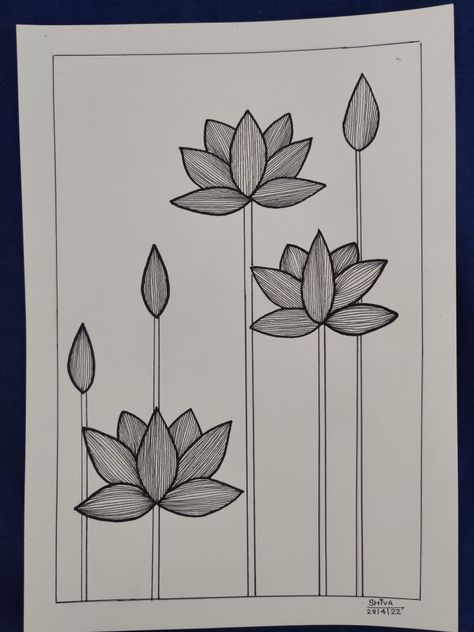 Pichwai Lotus Sketch Outline, Simple Doodle Patterns, Abstract Lotus Painting, Indian Doodle Art, Madhubani Painting Easy, Simple Flower Drawing, Easy Mandala Drawing, Nature Art Drawings, Mandala Art Therapy