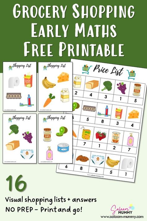 Free visual grocery shopping Montessori inspired math printable for young non reading children to practise their addition skills Addition Activity, Addition Activities, Printable Shopping List, Art Activities For Toddlers, Free Printable Activities, Creative Curriculum, Kindergarten Math Activities, Preschool Art Activities, Math Printables