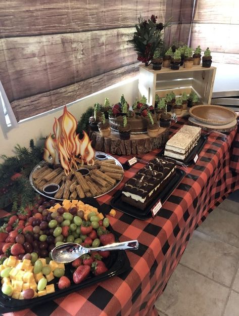 Outside Camping Birthday Party Ideas, Campout Themed Birthday Party, Christmas Campout Ideas, Woodsy Theme Birthday Party, Lumber Jack Party Food Ideas, Christmas Campfire Party, Wilderness One Birthday, Birthday Party While Camping, S’more Birthday Theme