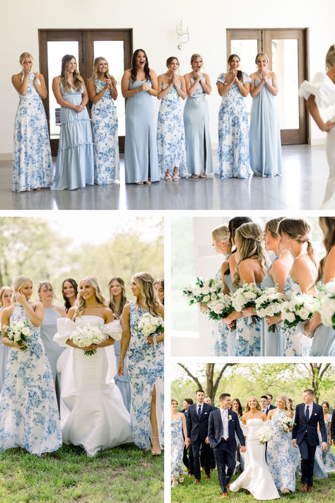 Mismatched bridesmaid dresses are trending and this trend is so good, it’s not going anywhere. We’re seeing varied colors, patterns and styles and there’s really no limit to the possibilities. We’re sharing an eight person mismatched bridesmaid dress recipe – a ‘drecipe’ if you will. If you’re thinking blue for your wedding party, you’ll want to save this blue bridesmaid inspiration.   Photos @marykeenphotography Bridesmaid Outdoor Wedding, Mix And Match Bridesmaid Dresses Blue Floral Prints, Bridesmaid Dresses For Outdoor Wedding, Blue Mix Bridesmaid Dresses, Blue Printed Bridesmaid Dresses, Mismatched Color Bridesmaid Dresses, Chinoiserie Bridesmaid Dress, Mix And Match Blue Bridesmaid Dresses, Mix Match Blue Bridesmaid Dresses