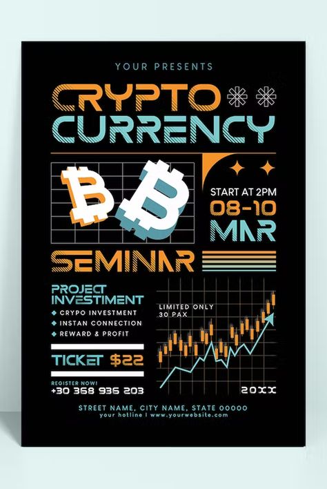 Crypto Currency Conference Flyer Template AI, EPS Crypto Design Poster, Crypto Poster, Conference Poster, Flyer Poster, Street Names, Crypto Currencies, Print Templates, Design Inspo, Flyer Template