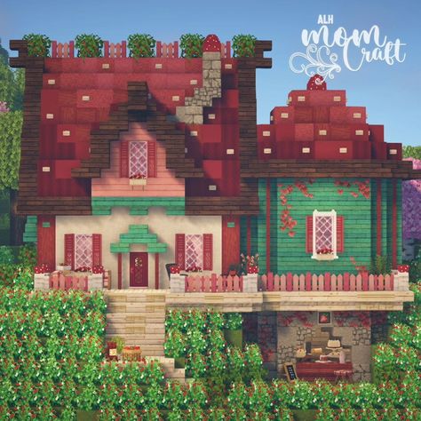 Adriel (@alh_momcraft) • Instagram photos and videos Whimsical Minecraft House, Minecraft Cottagecore, Strawberry Cottage, Architecture References, Minecraft W, Minecraft Base, Cottage Bakery, Minecraft Modern, Minecraft Cottage