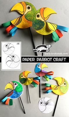 PAPER+ PARROT+CRAFT Zoo Crafts Kindergarten, Crafts Using Construction Paper, Parrot Craft Preschool, Parrot Crafts For Kids, Paper Parrot Craft, Paper Parrot, Parrot Craft, Bird Crafts, Christmas Activities For Kids