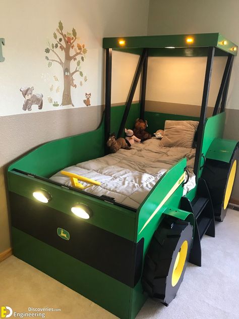 37+ Cool Car Bed Ideas For Your Children's Room | Engineering Discoveries Tractor Bedroom Ideas, Tractor Bed Plans, Tractor Bedroom, Tractor Bed, Diy Kids Bed, Woodworking Plans Toys, Big Kid Bed, John Thomas, Twin Mattress Size