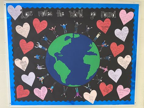 Peace And Love Bulletin Board Ideas, Love Grows Here Bulletin Board, February March Bulletin Board Ideas, Love Makes The World Go Round, All You Need Is Love Bulletin Board, February Bulletin Boards For School, Heart Bulletin Board Ideas, February Bulletin Board Ideas Preschool, February Bulletin Board Ideas For School