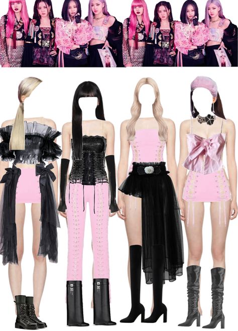 Black Pink Kpop Outfits, Black And Pink Outfit Ideas Kpop, Black Pink Outfit Concert, Blackpink Outfit Ideas Concert, Blackpink Concert Outfits Ideas, Black Pink Concert Outfit Ideas, Pink Venom Outfit Ideas, Blackpink Pink Venom Outfits, Black Pink Outfit Ideas