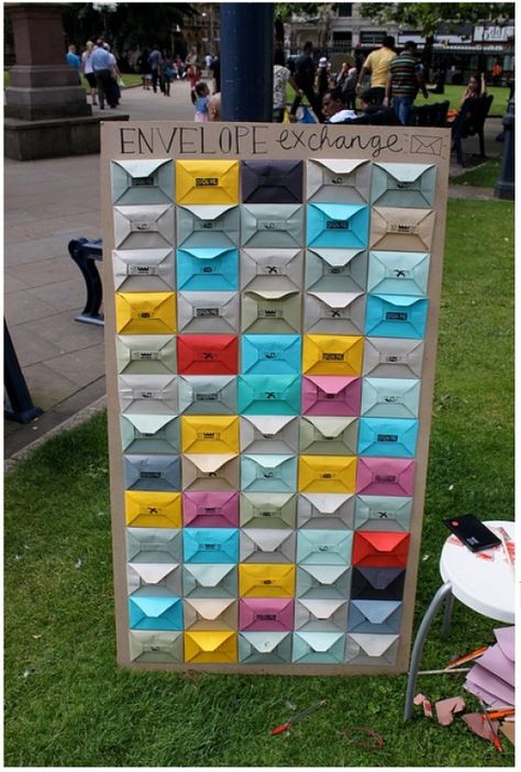 In each of these envelopes is a lovely message for you to take away with you to brighten up your day - and all you have to do in exchange is to write a nice message for someone else to find :) Message For Someone, Gorillas Art, 달력 디자인, Street Installation, Interactive Walls, Art Exhibits, Art Appliqué, Group Art, Interactive Installation