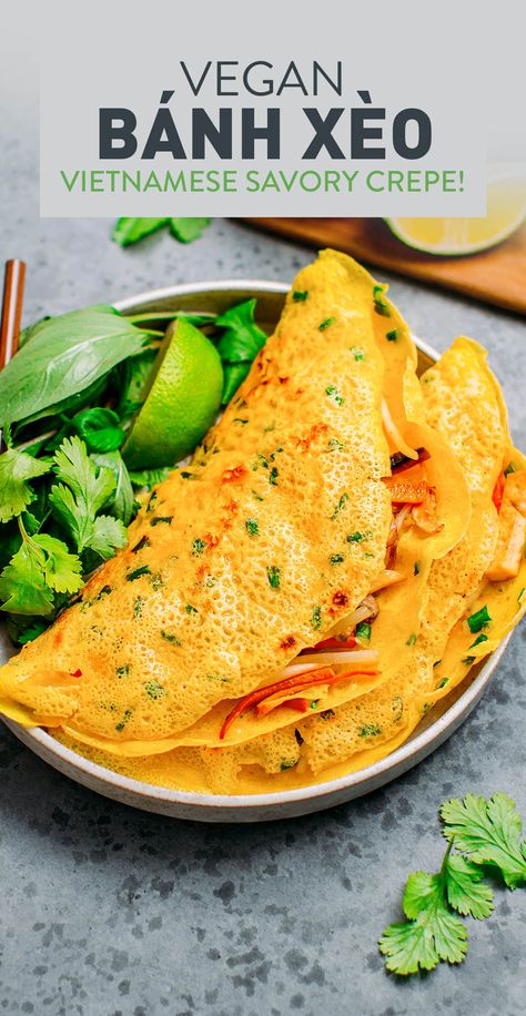 Vegan Bánh Xèo Vietnamese Crepes, Vegan Crepes, Easy Crepe Recipe, Sautéed Mushrooms, Banh Xeo, 2024 Recipes, Vegan Rice, Tofu Dishes, Savory Crepes