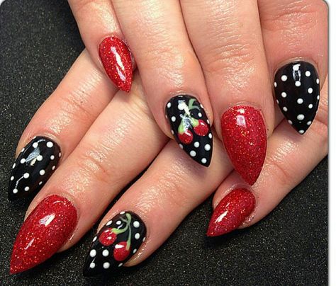 Vintage Nail Designs Retro, Grease Inspired Nails, Rockabilly Nail Art, 50s Style Nails, 1950 Nails Design, Pinup Nails Vintage Style, Nail Art Cherries, Elvis Nails Art, Vegas Nails Acrylic