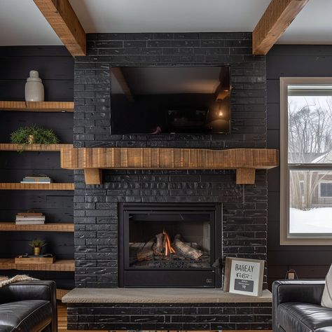 Black fireplace mantel