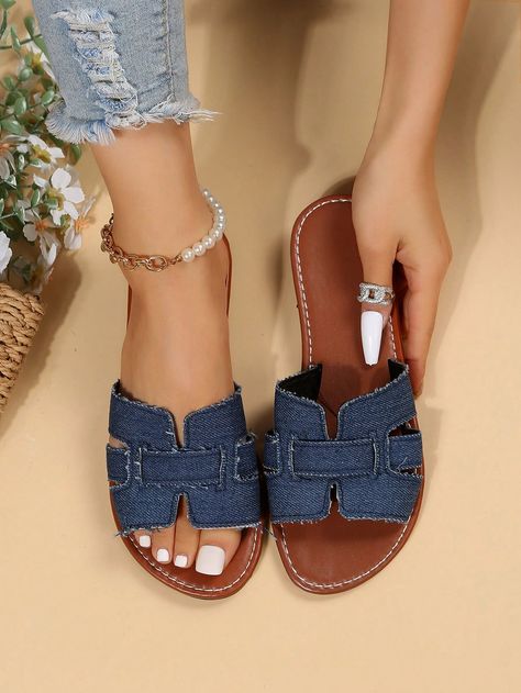 Women Cut Out Slide Sandals, Fashion Summer Flat Sandals | SHEIN USA Elegant Shoes Heels, Sandals Shein, Types Of Sandals, Custom Sneakers Diy, Women Slippers Fashion, Diy Sandals, Summer Sandals Flat, Pretty Sandals, Shoes Heels Classy