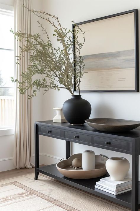 Console table for living room or entryway Modern Console Table Decor, Black Console Table Decor, Decorate A Sideboard, How To Decorate A Sideboard, Black Entryway Table, Sofa Table Behind Couch, Modern Entry Table, Dining Room Console Table, Hallway Table Decor