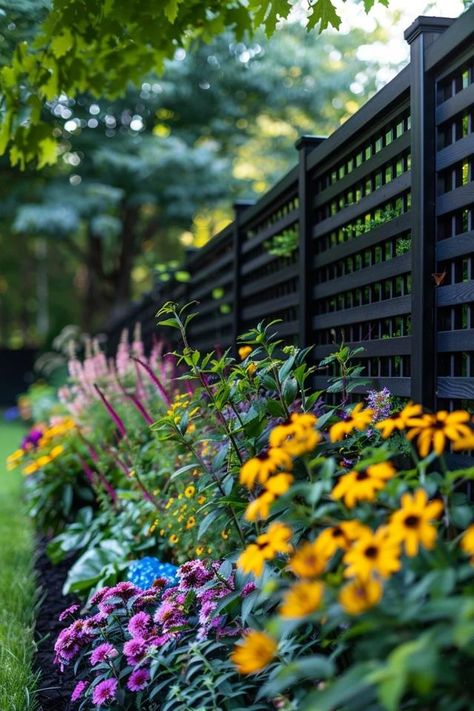 Fence Line Landscaping Ideas I Love Sharing! Corner Of Fence Ideas, Backyard Fence Garden, Fenced In Flower Garden, Privacy Fence Plant Ideas, Front Privacy Landscaping, Fenced In Backyard Landscaping, Low Maintenance Fence Ideas, Planting Along A Fence Landscaping Ideas, Backyard Plant Ideas Along Fence