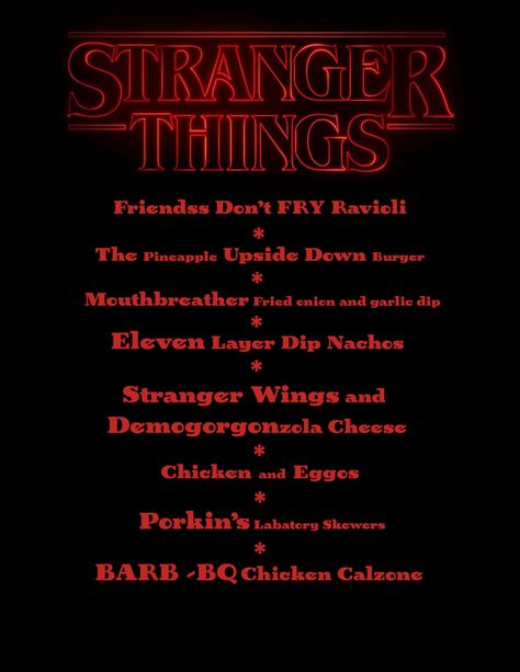 Stranger Things Menu Ideas, Horror Movie Themed Dinner Ideas, Halloween Movie Menu Ideas, Movie Themed Dinner Ideas Adult, Family Movie Themed Dinner Ideas, Halloween Movie Dinner Ideas, Halloween Movie Dinner Theme Night, Stranger Things Food Ideas, Movie Dinner Ideas