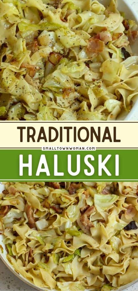 A quick and easy side dish recipe that will quickly become a family favorite! This authentic Haluski recipe combines onions, bacon, garlic, and cabbage all cooked in butter and tossed with egg noodles or dumplings. Make this for a delicious dinner idea for tonight! Haluski With Ground Beef, Halushki With Dumplings, Haluski Recipe Polish Dumplings, Hulushski Recipe Polish, Vegetarian Polish Recipes, Cabbage Biscuits, Halushki Recipe, Polish Haluski Recipe, Hulushski Recipe