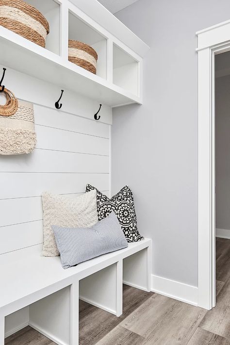 Your mudroom doesn't have to be boring! Check out these 30 mudroom designs that will give you all the inspiration you need. Mudroom Bench With Shiplap Wall, Small Mudroom Ideas Entryway Entrance, Built In Bench Entryway, Shoe Storage Laundry Room, Mudd Room Ideas, Farmhouse Mudroom Ideas Entryway, Tiny Mudroom, Mudroom Farmhouse, Small Mudroom Ideas Entryway