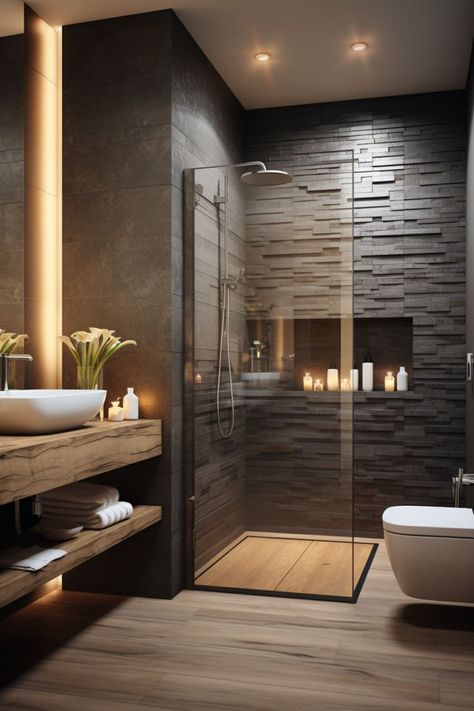 bathroom decor small bathroom ideas bathroom aesthetic bathroom ideas modern design house design home interior design Modern Mountain Bathroom Ideas, Modern Toilet Room, Black And Wood Bathroom, Mens Bathroom Ideas, Tiny Cabin Bathroom, Modern Cabin Bathroom, Dark Modern Bathroom, Baie Vintage, Small Luxury Bathroom