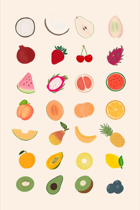 Fruity Summer Branding Restaurant Cafe Food and Beverage Branding, cute fruit illustrations, summer fruits, summer illustrations, brand design, brand design identity, summer patterns Summer Branding, Beverage Branding, Summer Illustrations, Fruits Summer, Summer Drawings, Fruit Logo, Fruits Drawing, Fruit Wallpaper, Summer Illustration