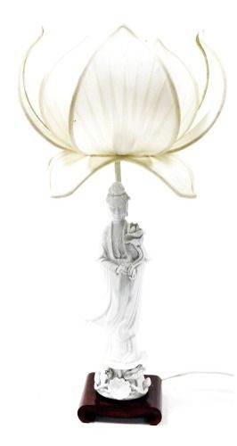 A modern blanc de chine figural table lamp, of Guanyin holding a lotus flower, mounted on a scrolling hardwood base, 40cm high, with a lotus lamp shade. Lotus Lamp, Bedroom Makeover, Lotus Flower, Lamp Shade, Lotus, Lamps, Hold On, Table Lamp, Shades