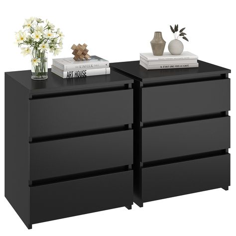 PRICES MAY VARY. Durable Bedroom Nightstand -- Crafted of premium particleboard boards, this set of 2 black Night Stand is well made and offers great durability. The wood look and classic black color can match most décor styles and add elegance to your room. Versatile Black Night Stand-- With a size of 17.7W * 15D * 21.7H inches (45*38*55 cm), bedroom, living room, kitchen, office all welcome this 3 drawer nightstand set of 2 to help you make your clothes, books, table lamp, mobile phone, data c Night Stands Bedroom, Stand For Bedroom, Bedside Table Decor, Black Bedside, Black Nightstand, Black Bedside Table, Nightstand Set Of 2, Nightstand Decor, 3 Drawer Nightstand