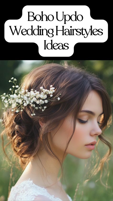 boho updo wedding hairstyles, showcasing elegance and natural beauty, perfect for brides embracing a relaxed, ethereal aesthetic. Bridal Hair Updo With Flowers, Boho Up Do, Hair Updo With Flowers, Bridal Hairstyles Boho, Boho Updo Wedding, Whimsical Bridal Hair, Hair Styles For Brides, Boho Updo Hairstyles, Wedding Hairstyles For Curly Hair