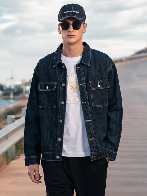 Men Flap Pocket Denim Jacket | SHEIN Dark Denim Jacket Outfit Men, Dark Denim Jacket Outfit, Jacket Outfit Men, Dark Denim Jacket, Denim Jacket Outfit, Men Photoshoot, Love Jeans, Denim Jacket Men, Denim Jackets