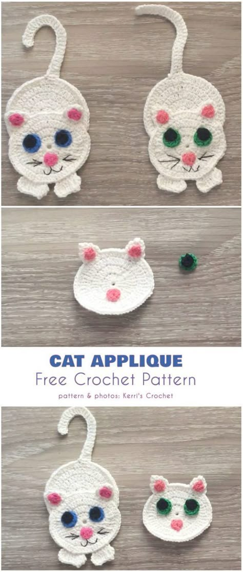 Curtain Crochet, Crochet Applique Patterns Free, Cat Applique, Crochet Cat Pattern, Crochet Bookmarks, Haken Baby, Crochet Teddy, Applique Pattern, 자수 디자인