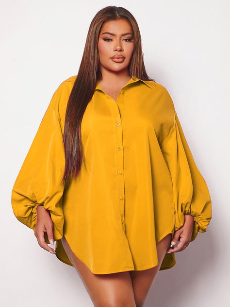 Yellow Casual Collar Long Sleeve Woven Fabric Plain Shirt Embellished Non-Stretch All Women Plus Clothing Plain Crepe Styles For Ladies, Vintage Two Piece Outfit For Ladies, Shirts For Women Casual Classy, Short Shirt Outfit, Crepe Styles, Dress For Chubby Ladies, Crepe Dresses, Casual Plus Size Outfits, Bubu Gown Styles