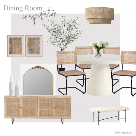 Thus dining room inspiration features a round table, rattan chairs, and boho coastal elements. French Boho Dining Room, Small Round Dining Table Set, Modern Round Table Dining Room, Modern Costal Dining Room, Boho Coastal Dining Room, Dining Room With Round Table Ideas, Round Dinning Room Table Ideas, Boho Round Dining Table, Coastal Modern Dining Room