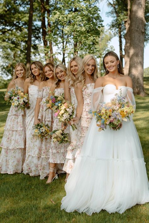 Bridgerton romance met The Secret Garden whimsy at a Chicago estate Unique Bridesmaid Dresses Vintage, Formal Garden Party Wedding, Bridgerton Romance, Garden Party Wedding Dress, Half Dress, Garden Wedding Bridesmaids, Garden Details, Floral Bridesmaid Dresses, 2025 Wedding