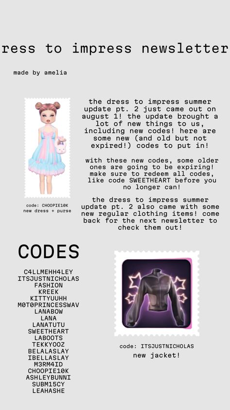 dress to impress news! #dresstoimpress #dti #summer update #newsletter #dresstoimpressnewsletter #dtinewsletter #newcodes #codes #dresstoimpresscodes #dticodes #dresstoimpressnewcodes #dtinewcodes All Codes, Dress Purse, Old Ones, Dress Codes, Coming Out, Clothing Items, Dress To Impress, New Dress, Coding