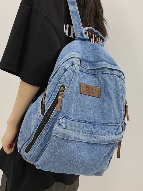 Baby Blue Preppy Collar  Fabric Plain Classic Backpack Embellished   Women Bags Backpack Jeans, Mochila Jeans, Preppy Backpack, High School Backpack, Blue Preppy, Jeans Backpack, Women Backpack Fashion, Jean Backpack, Jean Purse