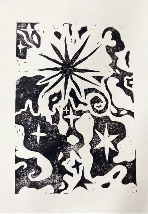 Handmade Lino Print, just under A4 size. Kunst Inspo, Linocut Printmaking, Lino Art, Linocut Art, Art Et Illustration, Sun And Stars, Art And Illustration, Lino Print, Linoleum