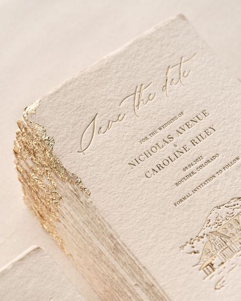 Gold foil Save the date on handmade paper & hand-applied gold leaf on the edges. It features a custom illustration of the wedding venue. © PAPIRA // papiradesign, wedding invitations, invitations, fine art invitations, fine art calligraphy, luxury wedding invitations, wedding stationery, handmade paper, gold foil invitations, letterpress invitations, wedding invites, gold foil, invitation suite, luxury wedding, romantic, monogram, letterpress invitation suite, handmade paper, invitation suite Gold Leaf Invitations, Gold Foil Invitations, Letterpress Invitation Suite, Art Invitations, Foil Save The Dates, Leaf Invitations, Wedding Invitations Leaves, Gold Foil Invitation, Gold Foil Wedding Invitations