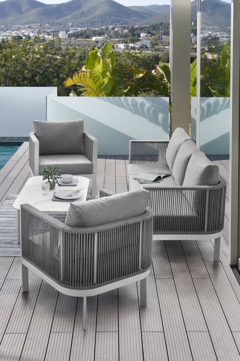 Stunning outdoor living/dining furniture, perfect for any patio area. The mauritius features a sturdy white aluminium frame and grey showerproof seat and back cushions. The tabletop is a chic printed marble effect. This set includes a 3 seater sofa, 2 armchairs and a coffee table.Sofa: H68 x W199 x D73 cm.Chair: (2) H68 x W73 x D73 cm.Table: H33 x W66 x D121 cm.Assembly : Self Assembly - This product arrives fully flat packed for ease and convenience. See assembly instructions for more details. Outside Lounge, Outdoor Balcony Furniture, Outdoor Metal Furniture, Grey Garden Furniture, Mattress Platform, Grey Outdoor Furniture, Aluminium Outdoor Furniture, Outside Seating Area, Garden Furniture Ideas