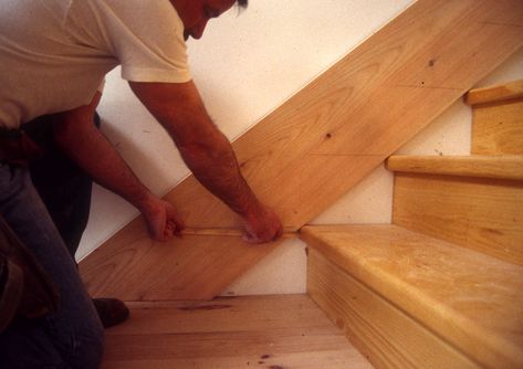 Scribing Stair Skirt Boards Revisited | THISisCarpentry Floor Trim Ideas Baseboards, Stair Skirt Board, Stair Skirt, Stairs Skirting, Stairs Trim, Spiral Stairs Design, Framing Construction, Stairs Makeover, Staircase Remodel